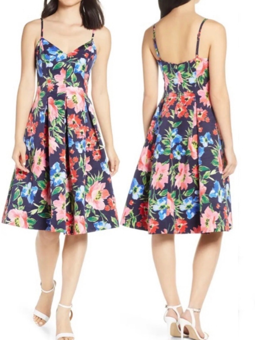 Eliza J 10 Floral spaghetti strap pleated full skirt cocktail party midi dress